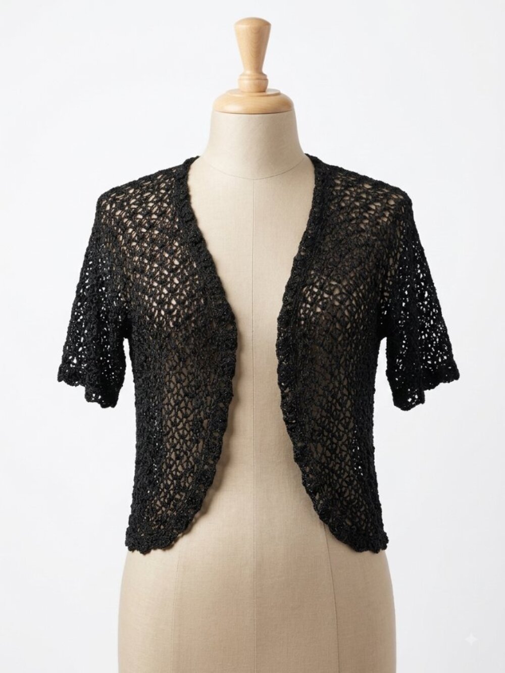Vintage Kroshetta - Black Beaded Crochet Open-Front Shrug / Cardigan